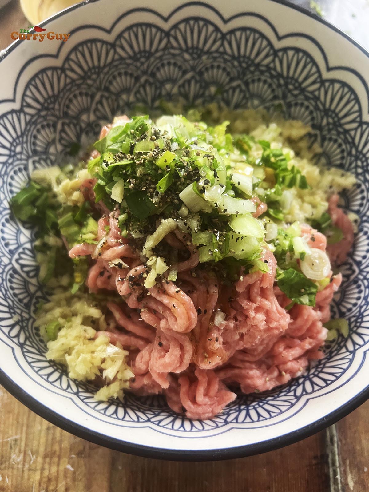 The pork filling ingredients in a bowl. 