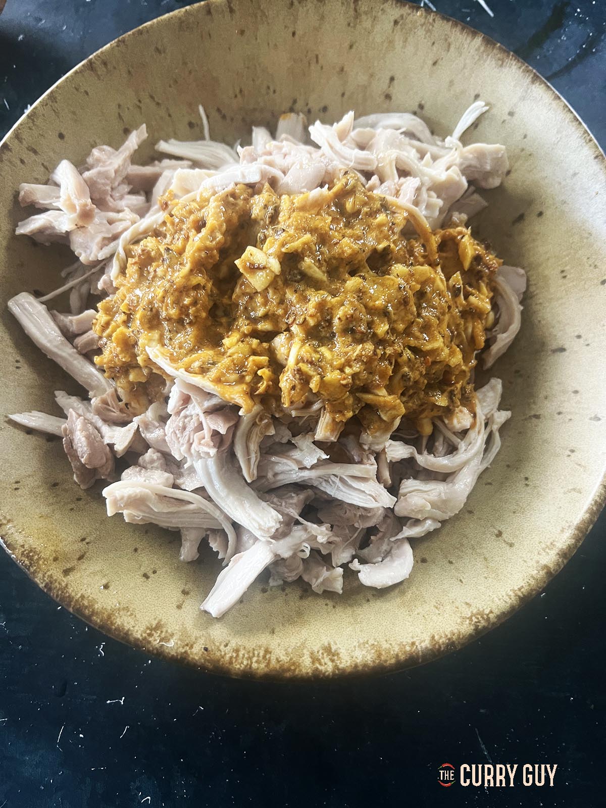 Shredded chicken in a bowl with the sauce.