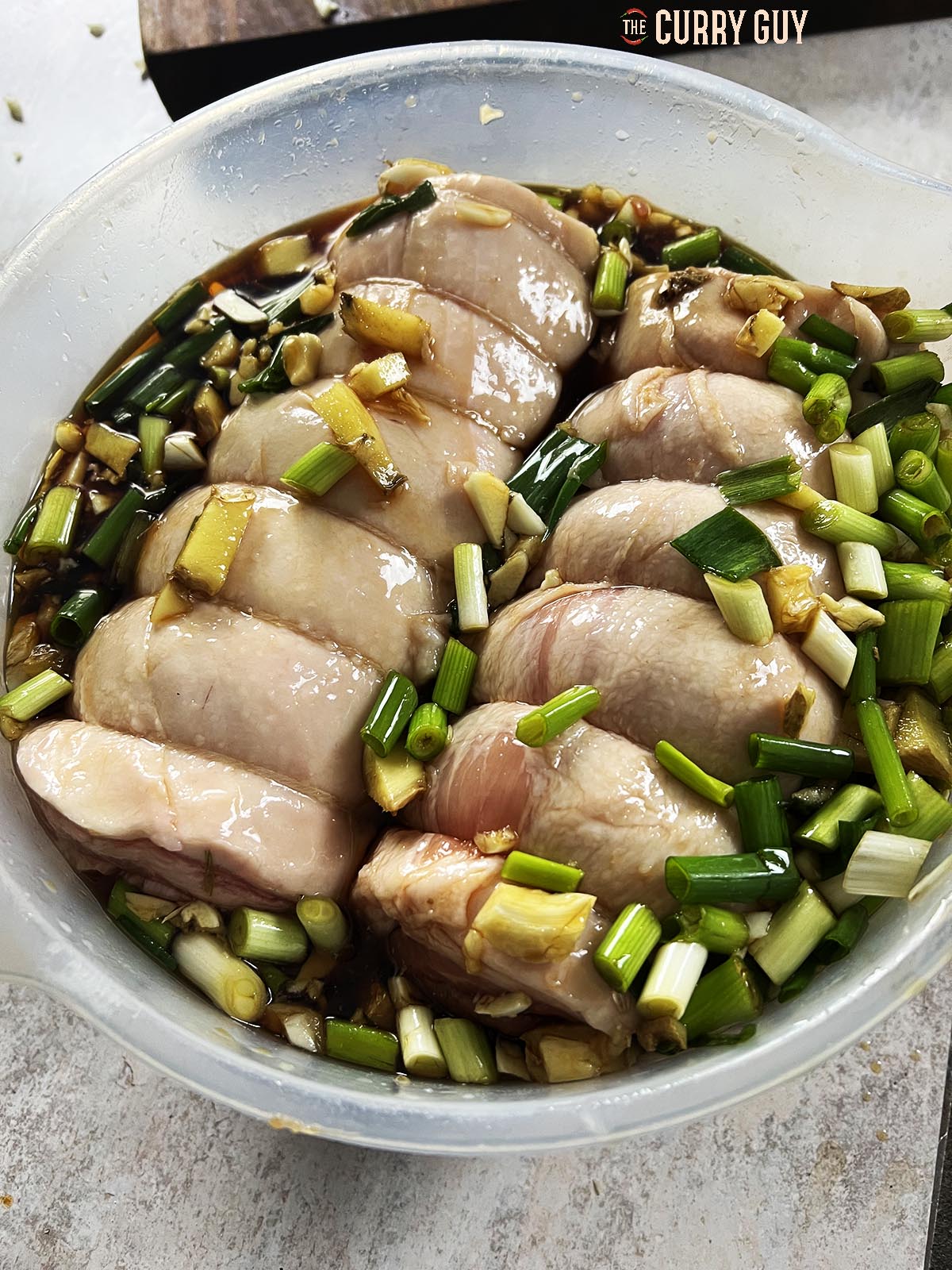 Pork bellies marinating in the chashu marinade.