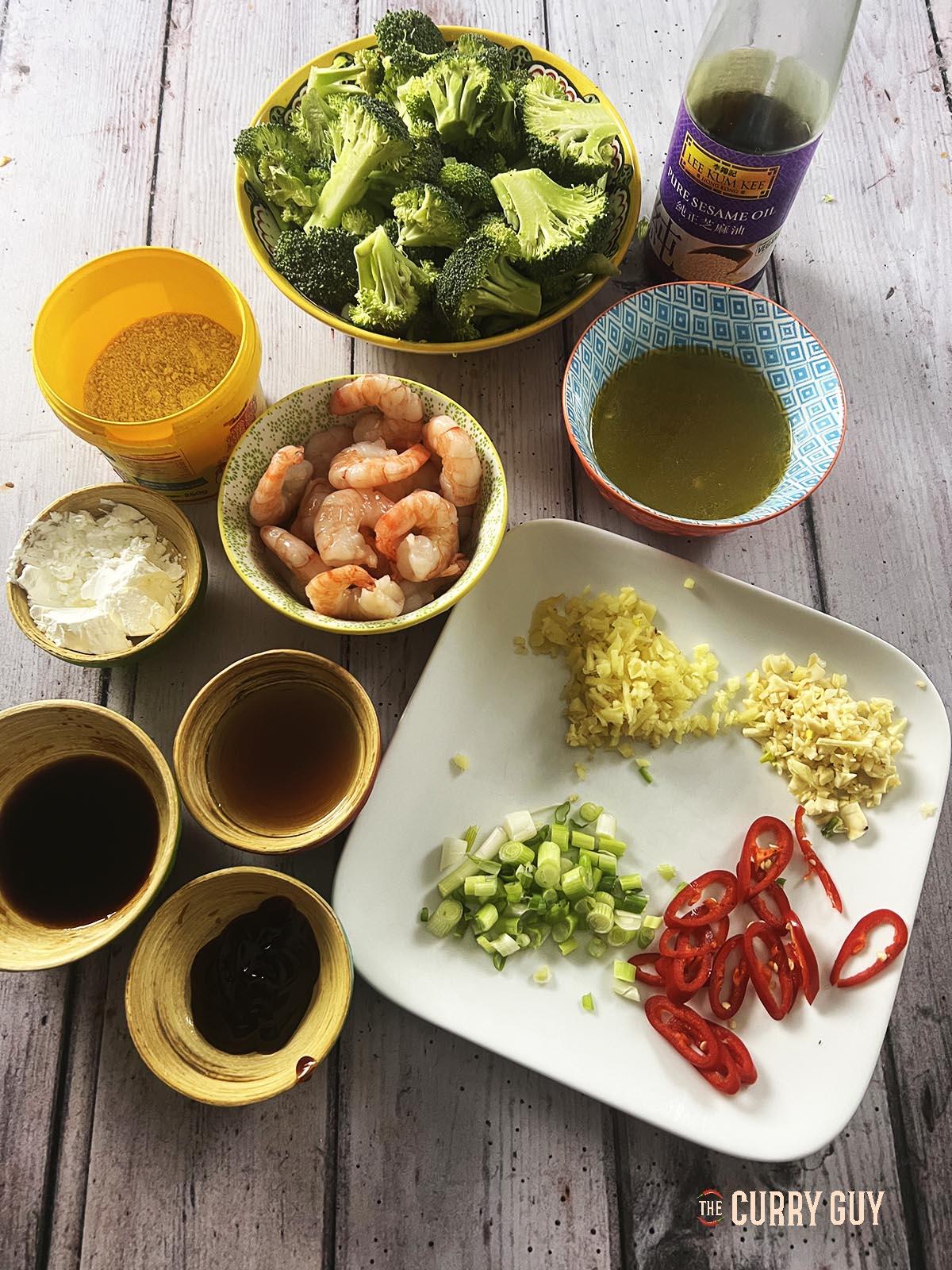 Ingredients for Chinese shrimp and broccoli stir fry.