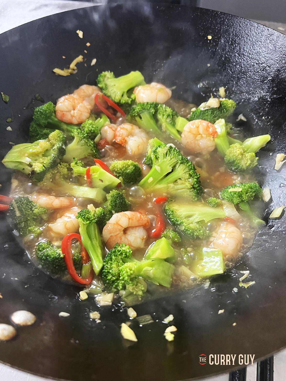 Shrimp and broccoli stir fry ready for serving.