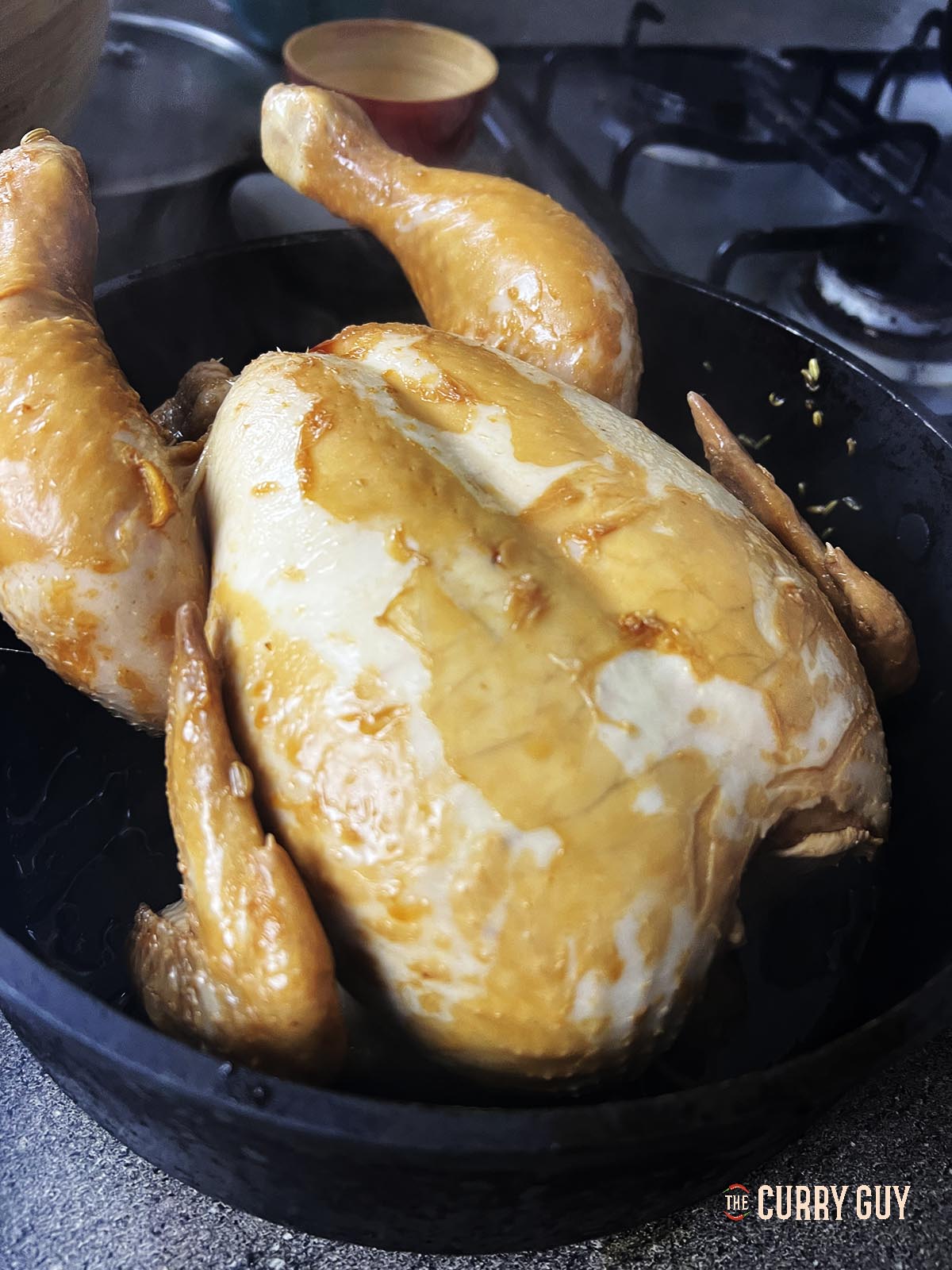 A discoloured barn-reared soy sauce chicken after cooking.