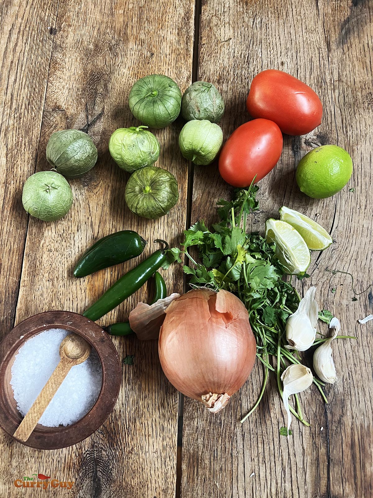 Ingredients for tomatillo and tomato salsa