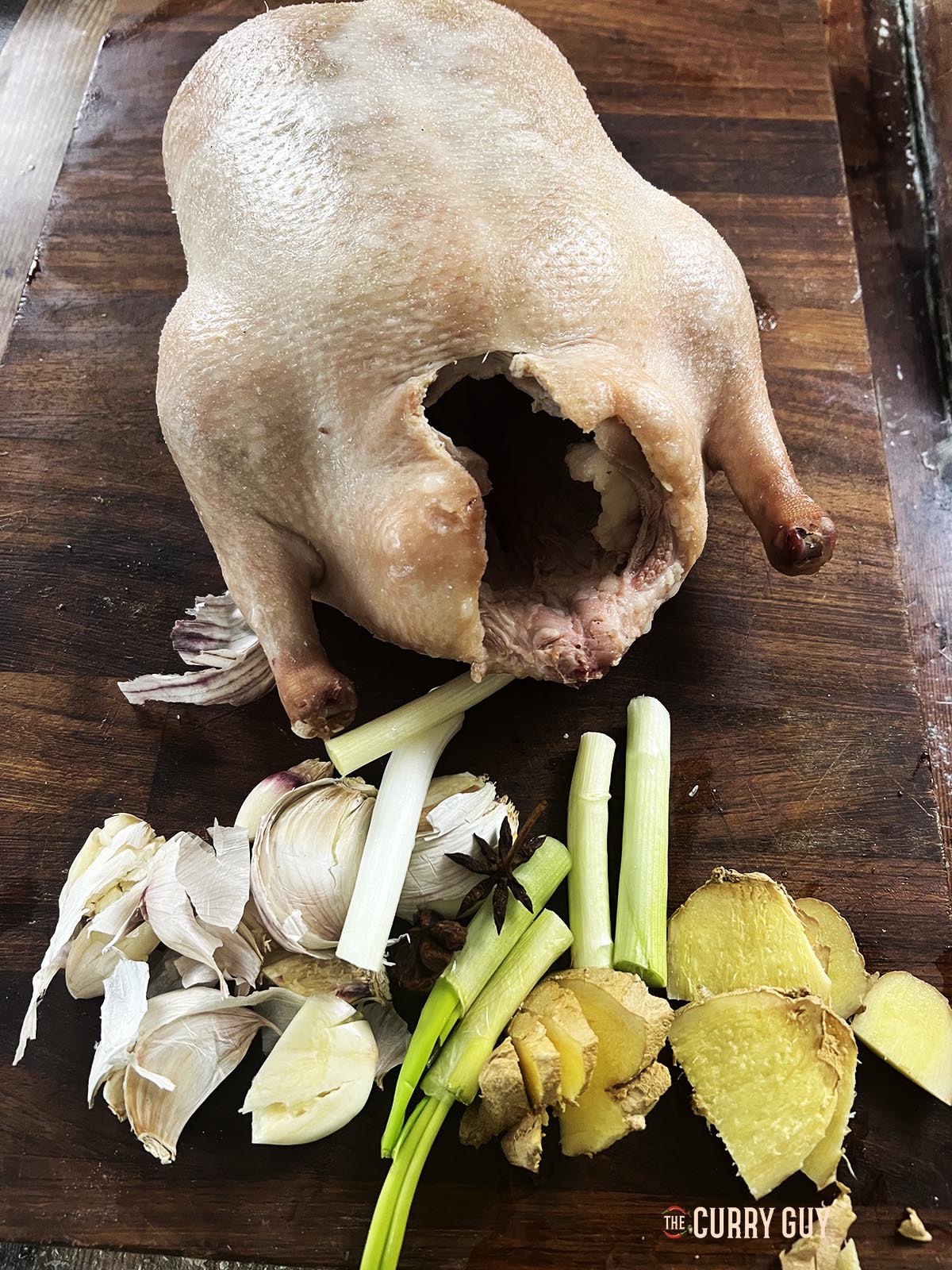 Duck ready for filling with aromatic ingredients.