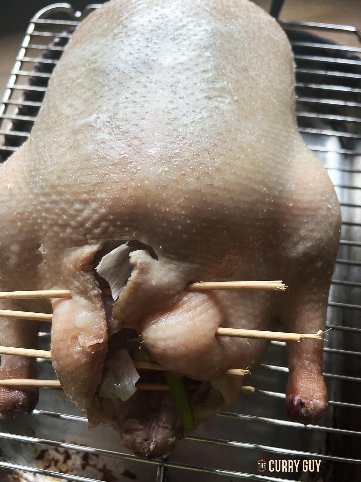 The duck secured shut at the butt end with tooth pics.