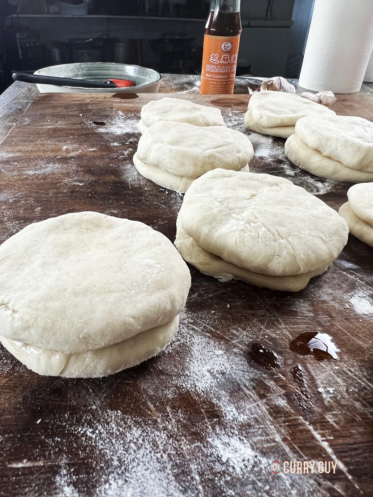 Stacked dough balls to make Peking duck pancakes.