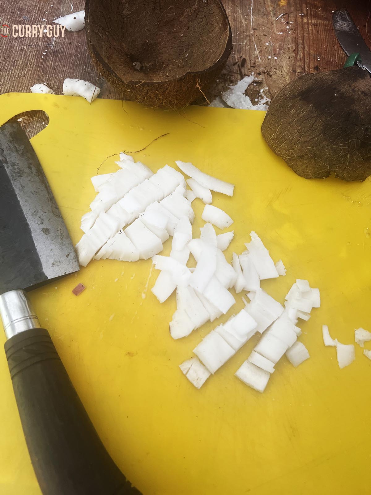 Chopped coconut ready to add to the curry.