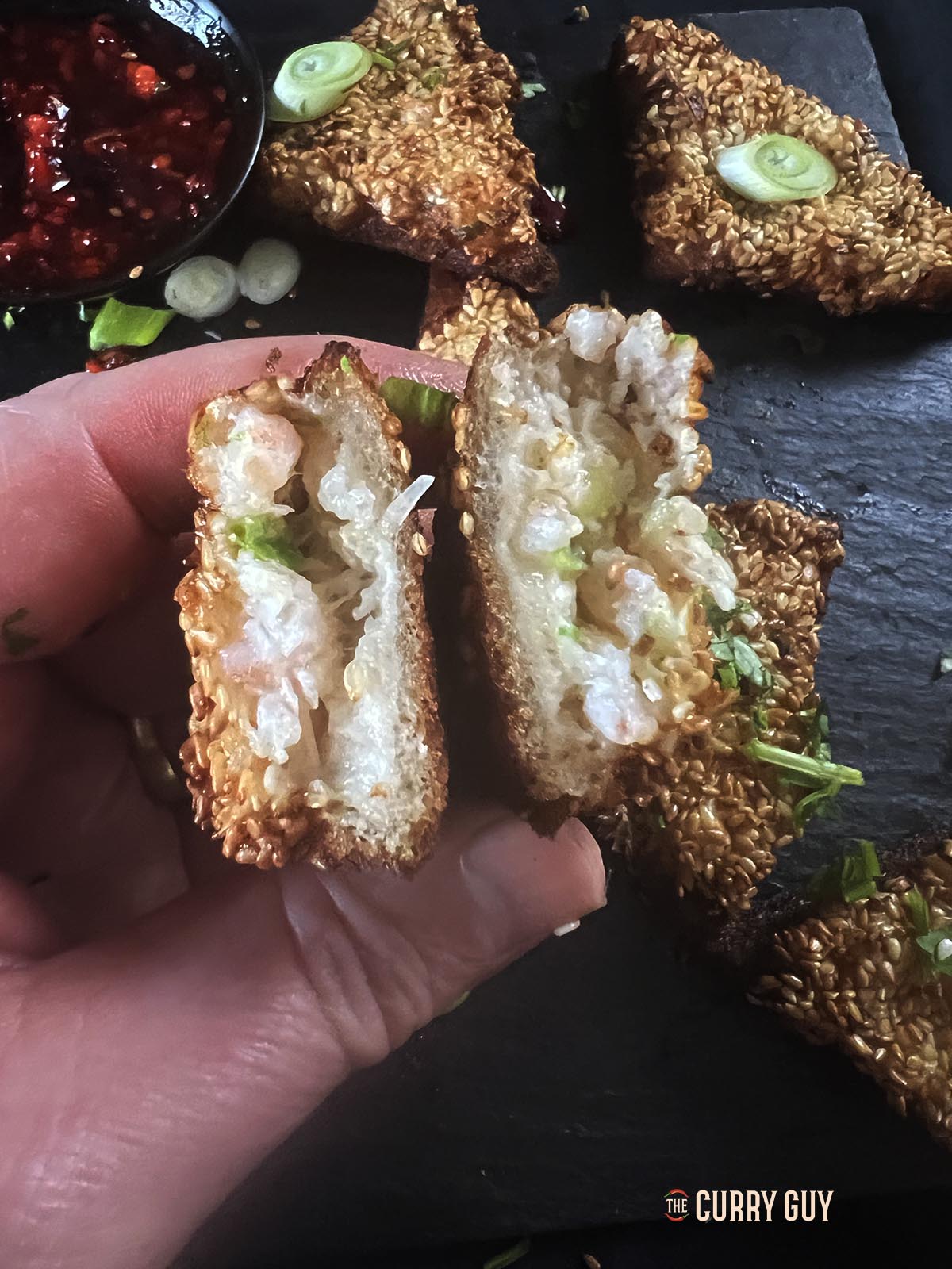 Showing the shrimp toasts with the topping.
