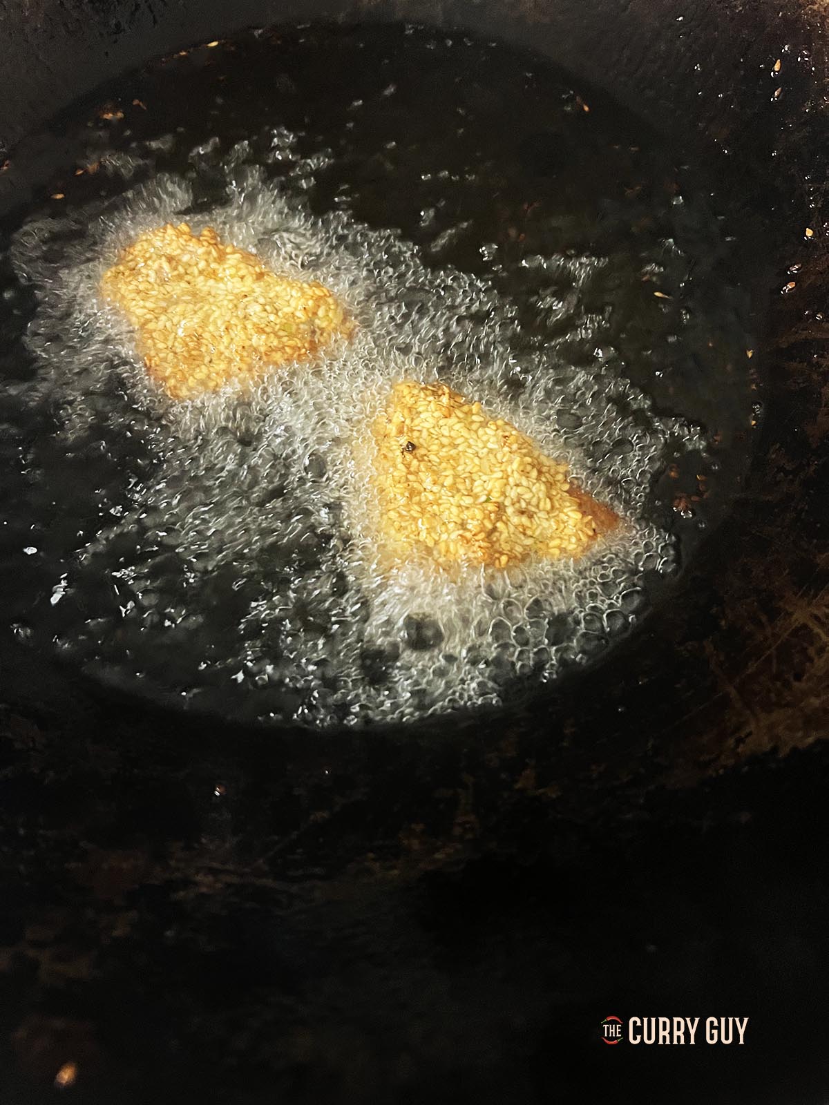 Frying the shrimp toasts