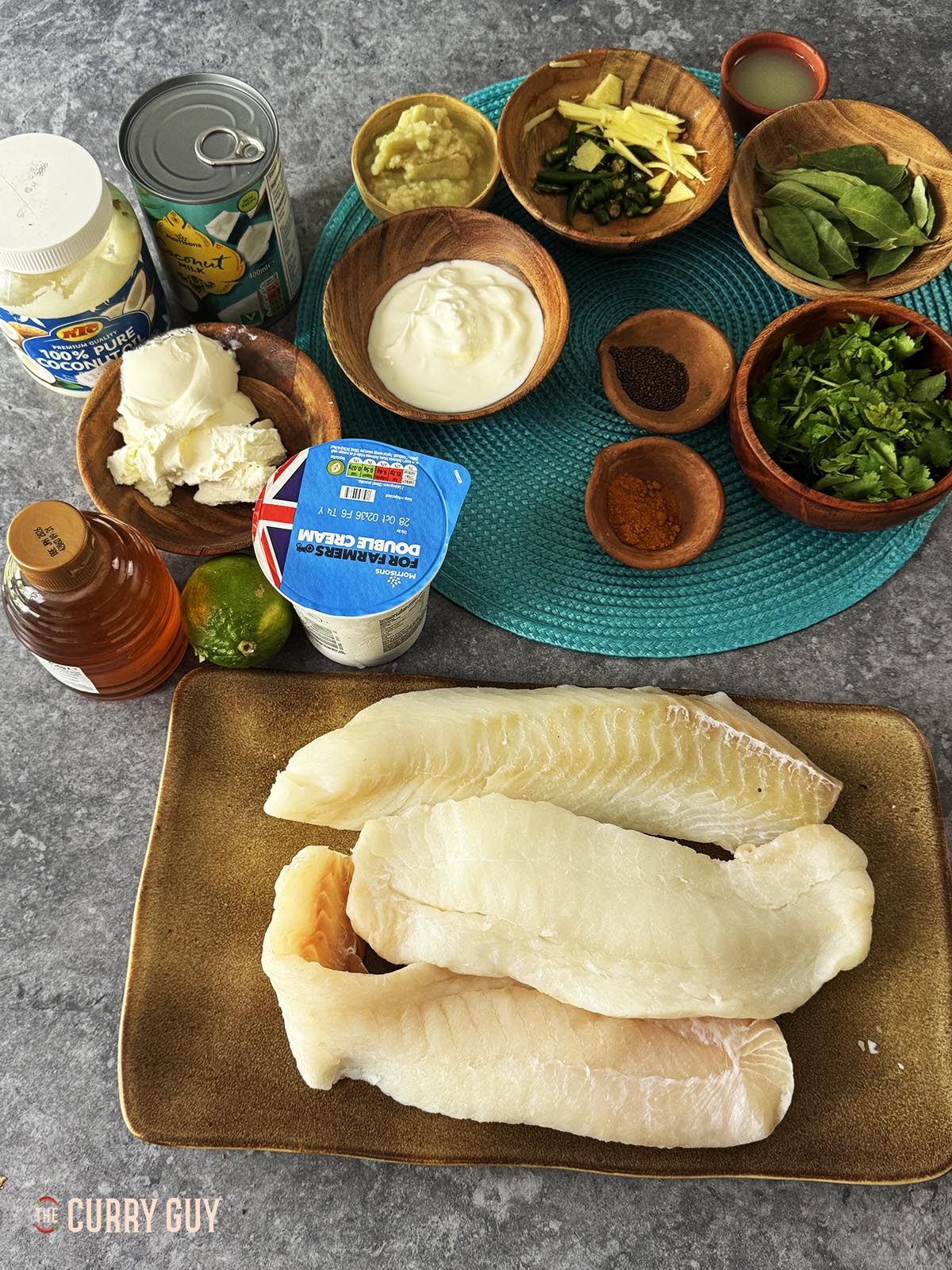 The ingredients for the curry laid out on a countertop.