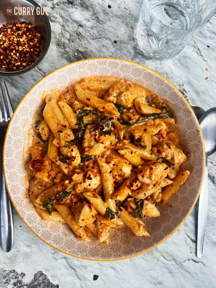 marry me chicken pasta served in a bowl