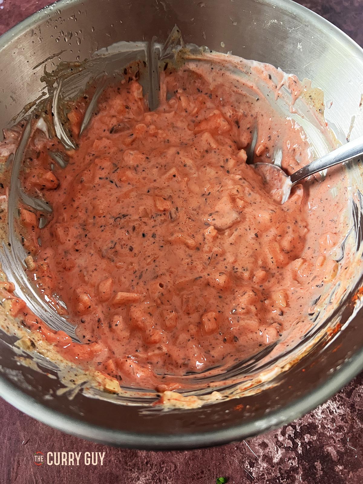 The pakora sauce after the red food colouring is added.