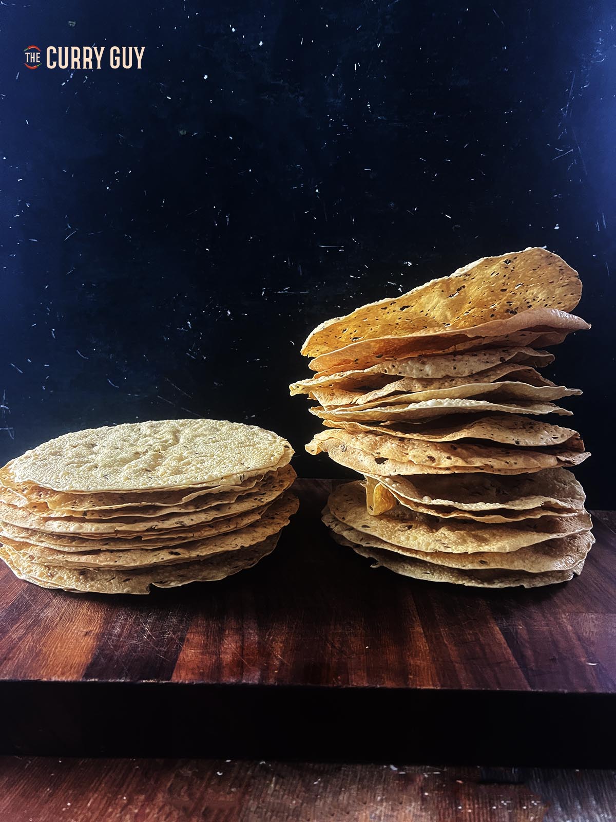 Demonstrating both weighed down poppadoms and a stack that was not weighted down.