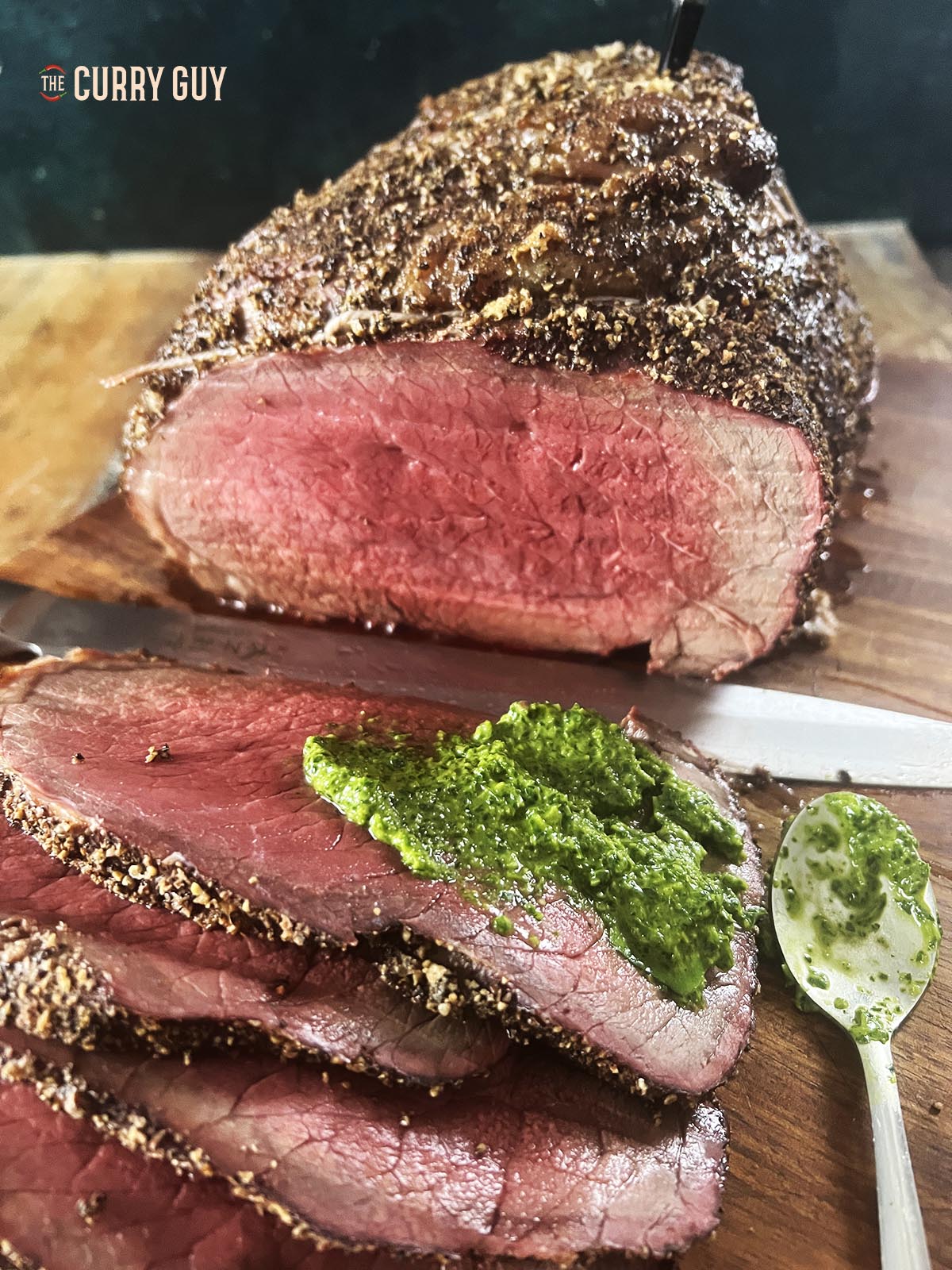 More chimichurri on roast beef.
