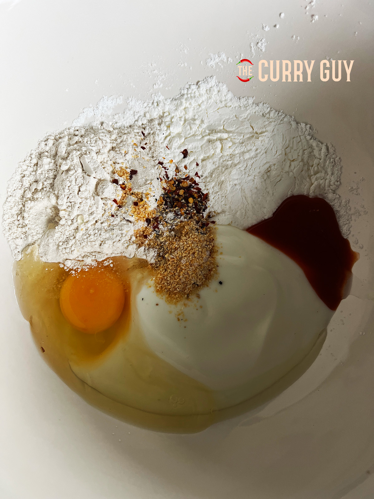 Batter ingredients for Air Fryer Bang Bang Chicken in a bowl 