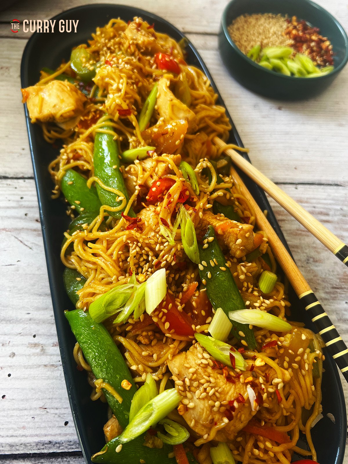 Chicken Lo Mein served up on a plate. 