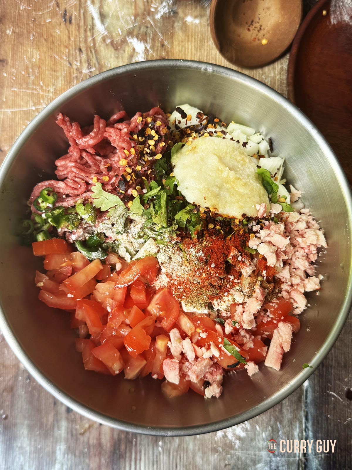 The kebab ingredients in a mixing bowl ready to blend together.