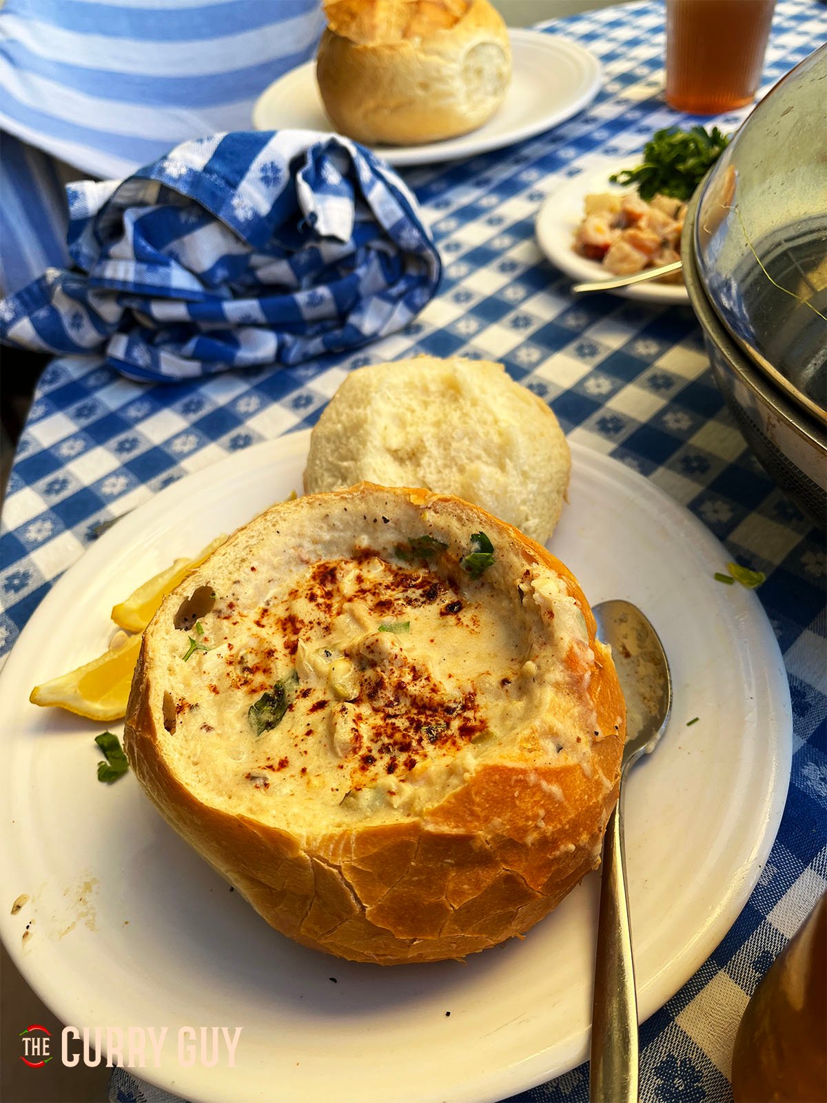 The clam chowder served in the bread bowl