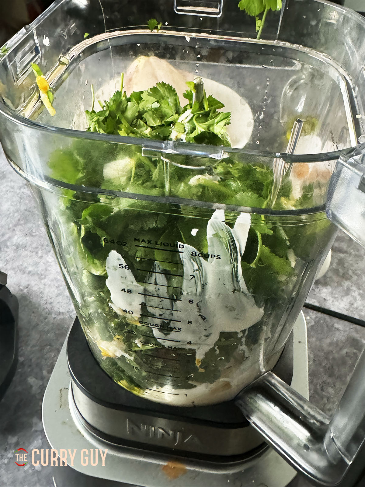The aji verde sauce ingredients in a blender ready to blend.