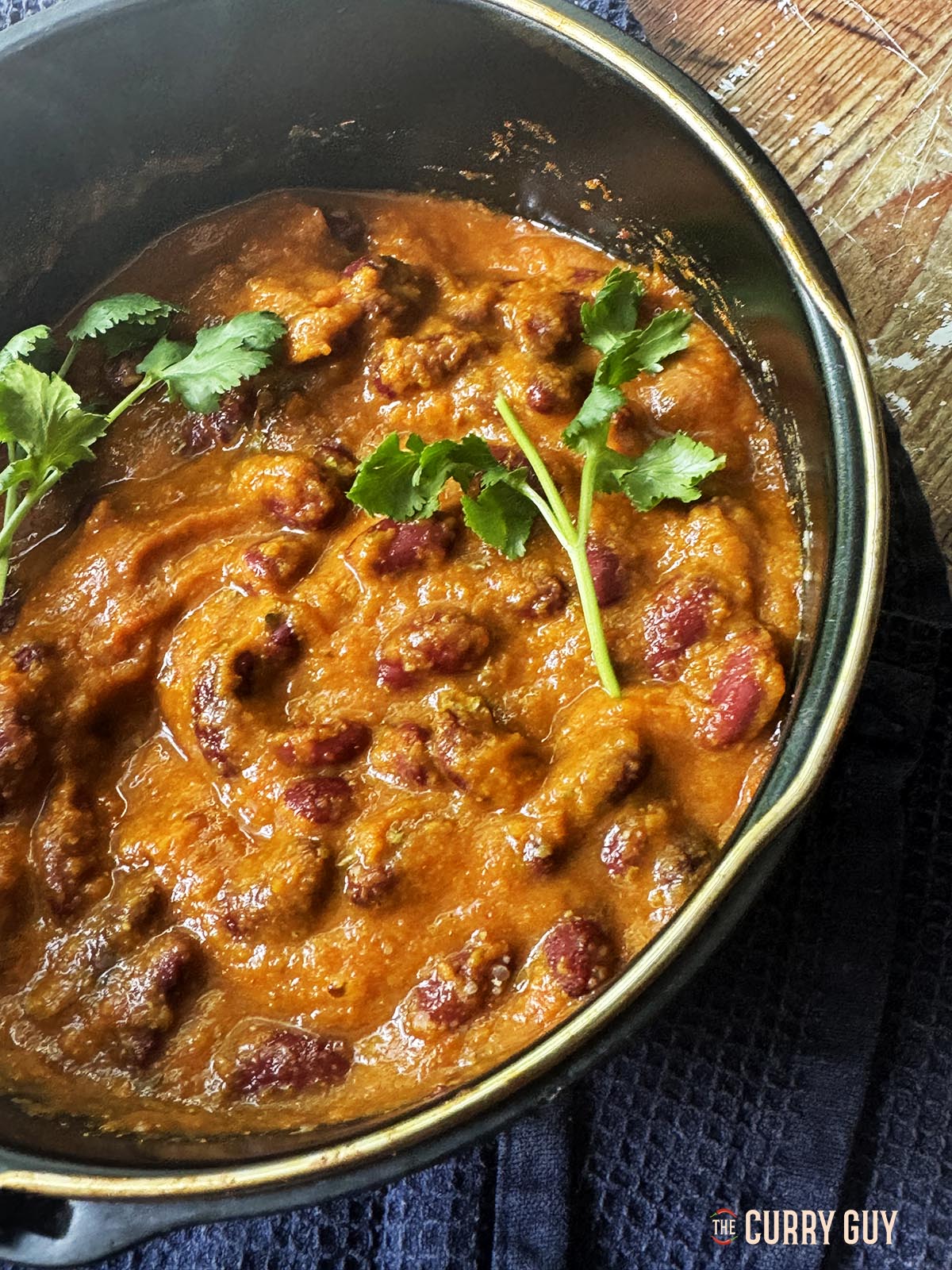 Kidney bean curry or 'rajma' served in an air fryer pan at the table. 