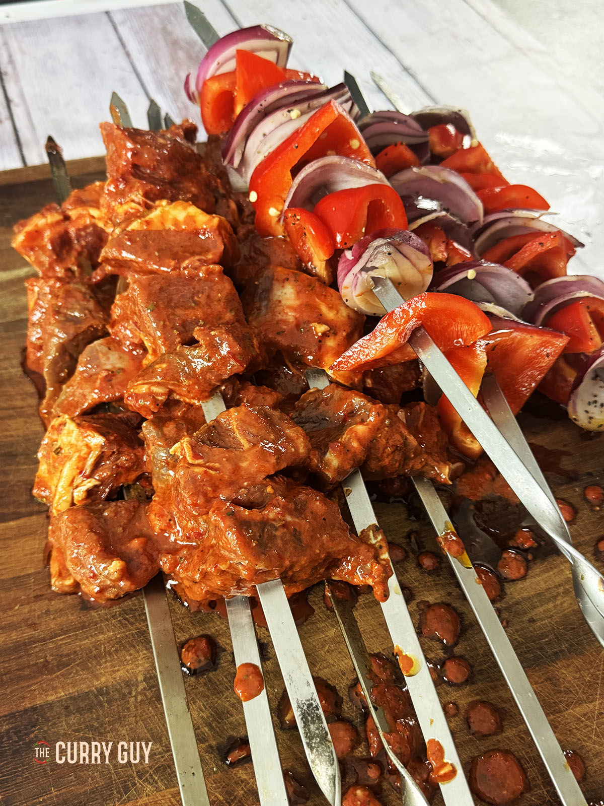 The beef and vegetables skewered and ready to cook.