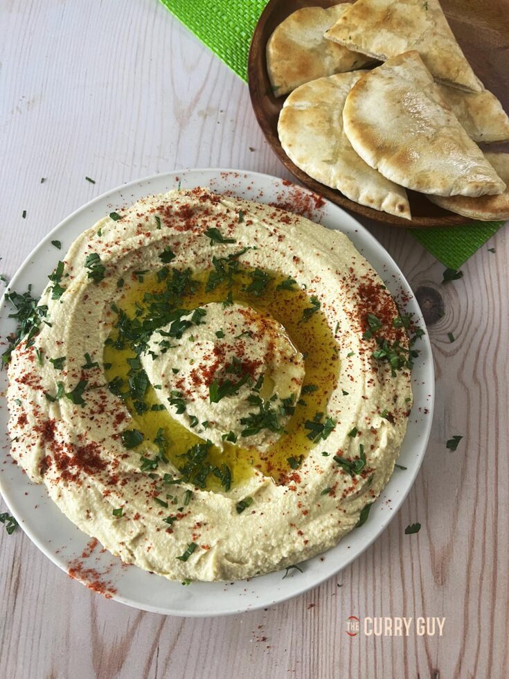 Hummus prepared using this easy hummus recipe.