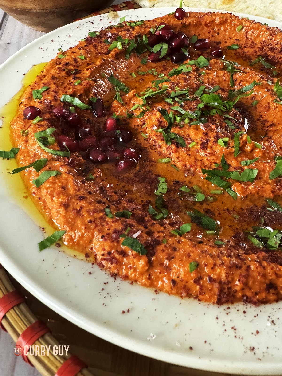 Close up photo showing the smoothness of the muhammara.