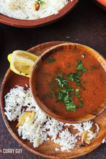 Tomato shorba with rice and roasted garlic.