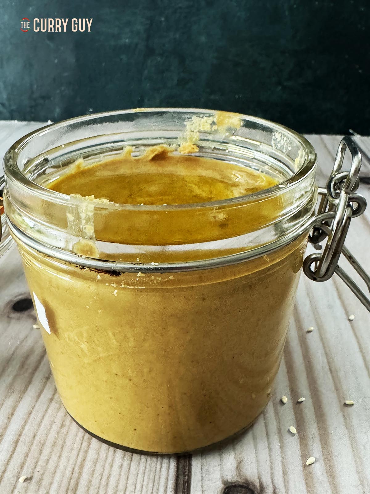 The finished tahini recipe in a jar for storage.