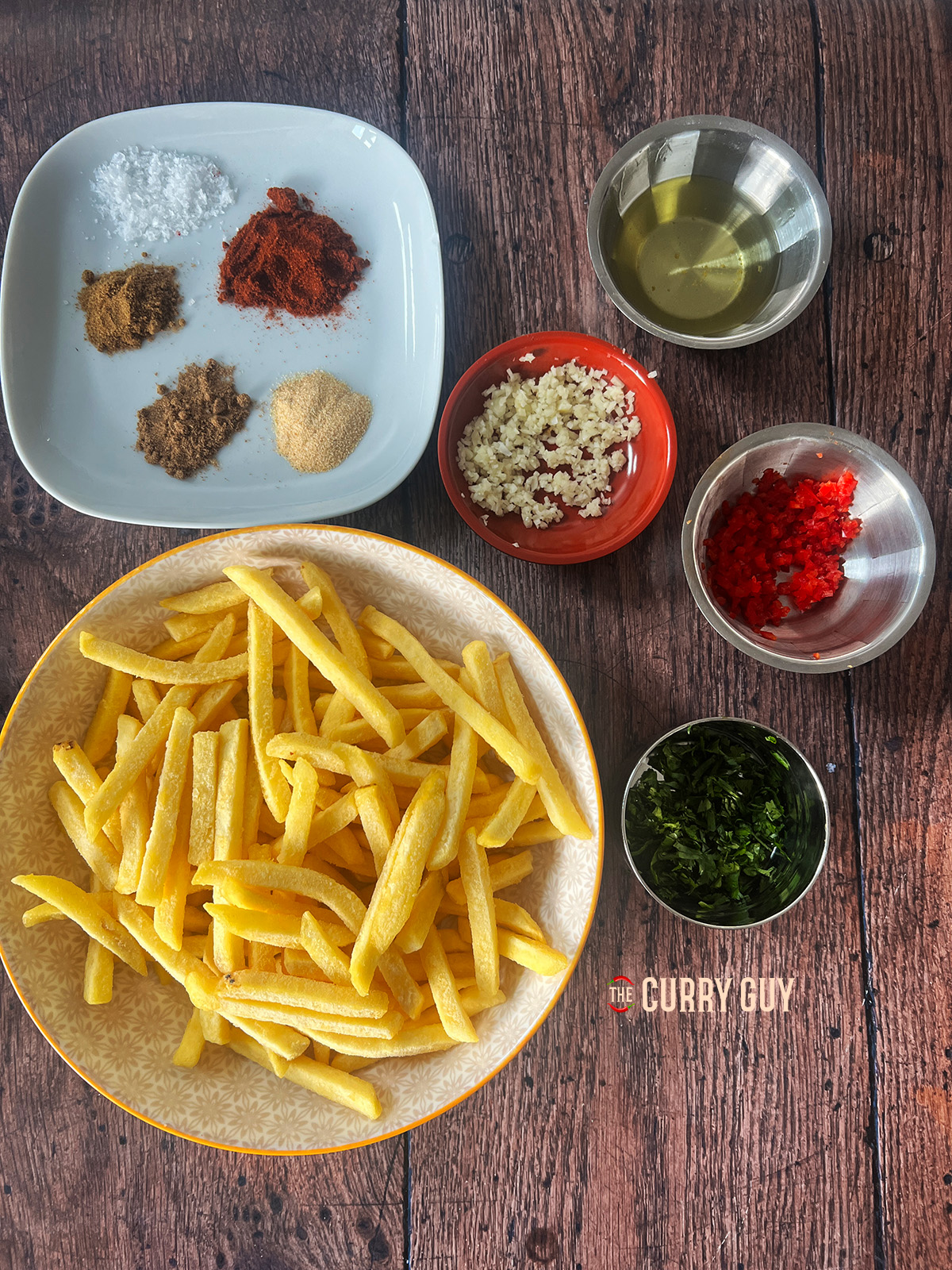 Ingredients prepared for Masala Fries recipe