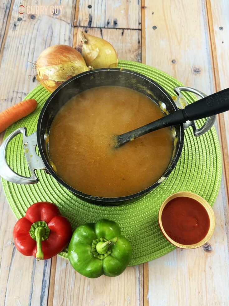 20 minute base curry sauce on a pot, ready to be used in a curry house style curry.
