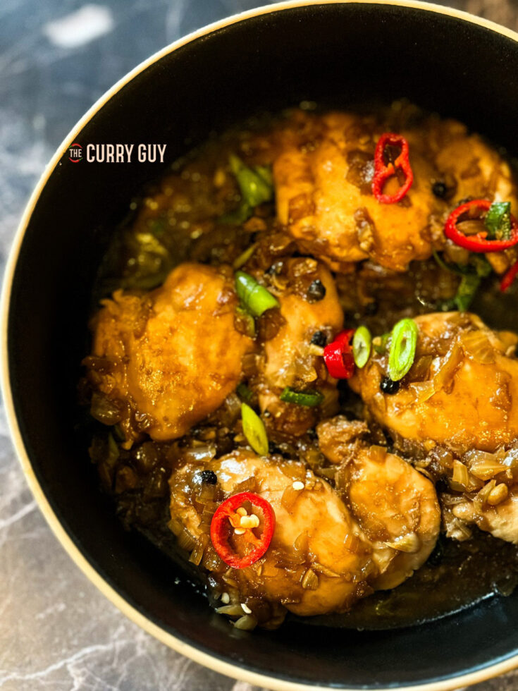 Chicken Adobo served up in a bowl.
