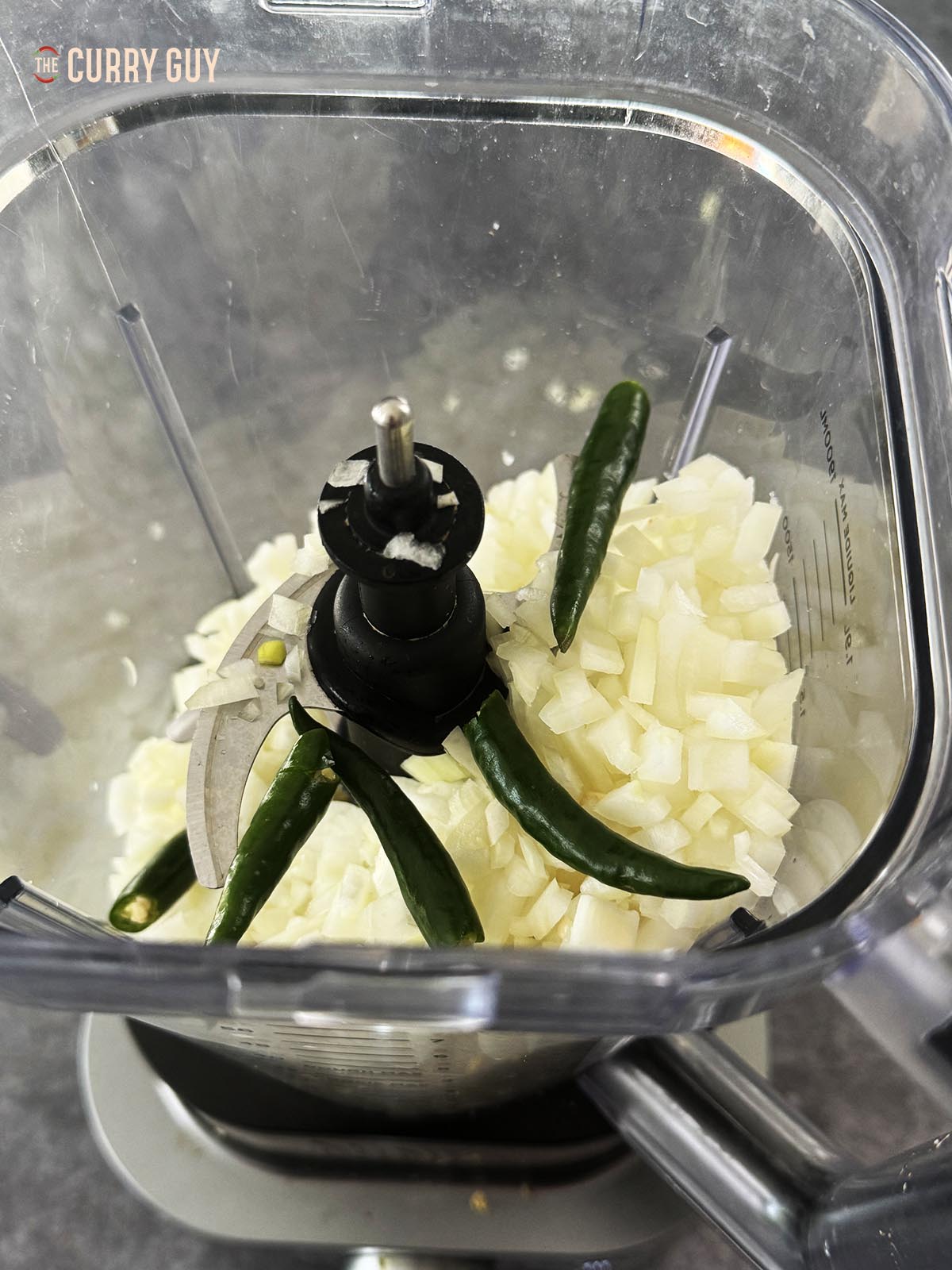 The chopped onions and chillies in a blender ready to blend.