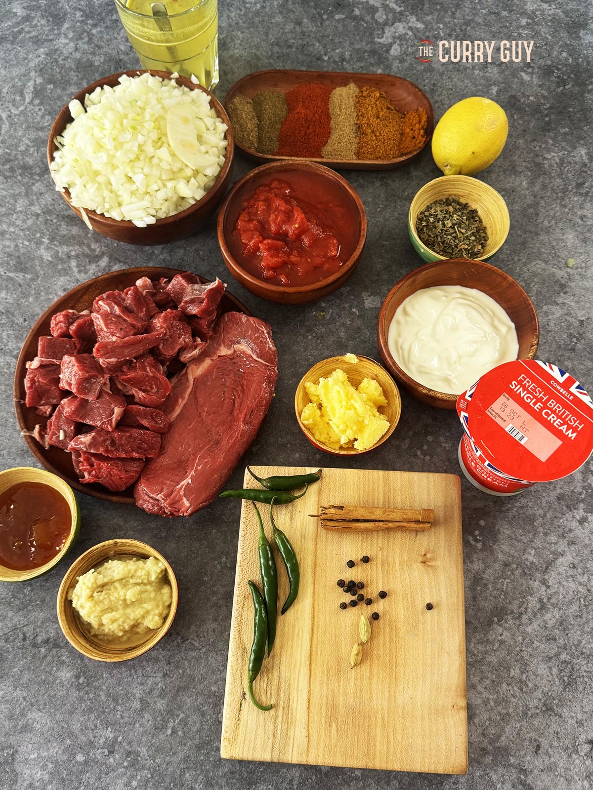 The ingredients for the recipe laid out on a countertop and ready.