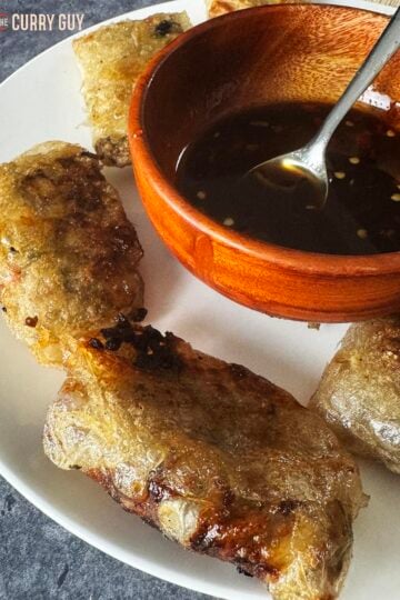 Rice paper dumplings on a serving plate with dipping sauce.