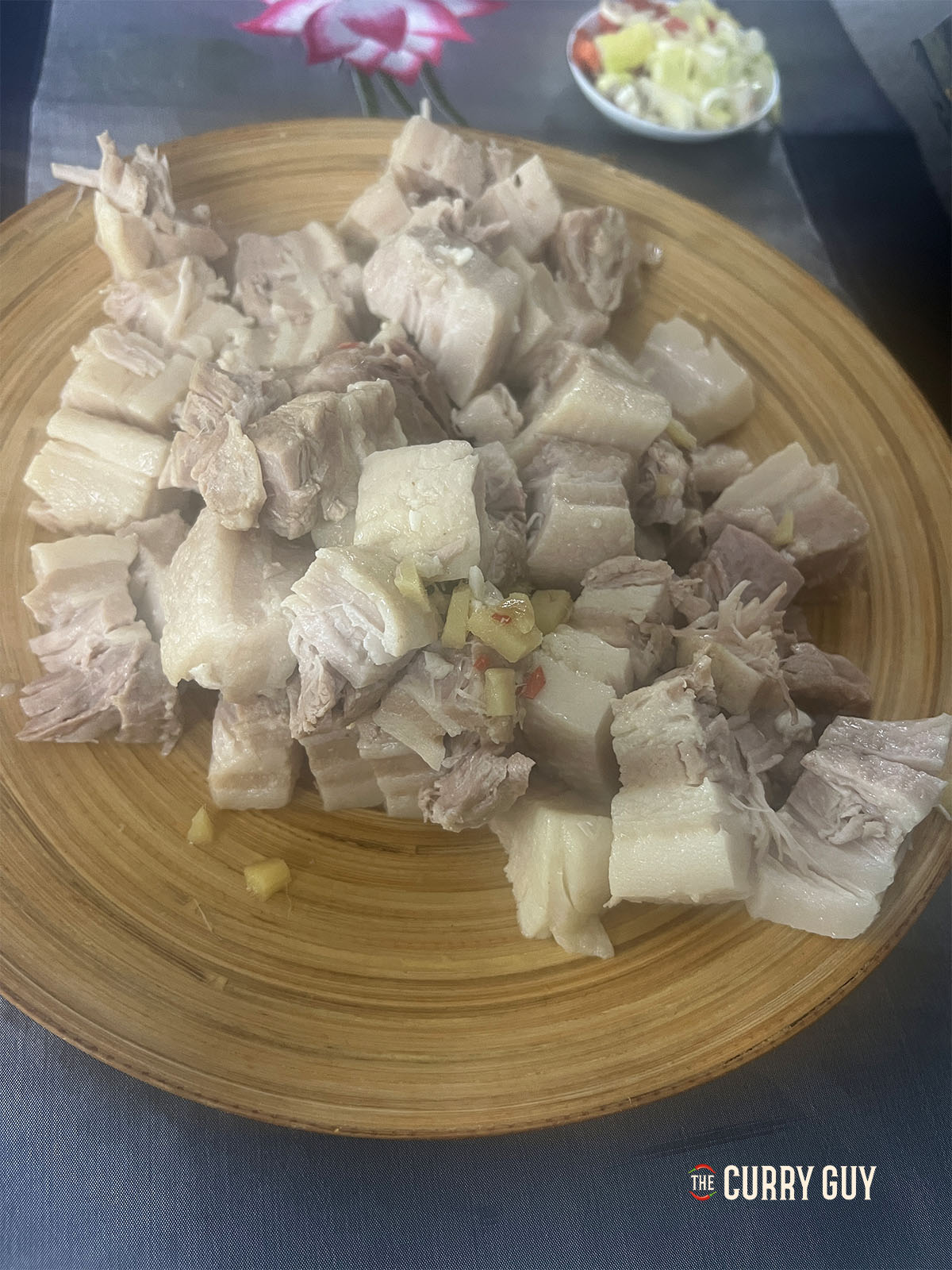 The cooked pork belly pieces removed from the stock 