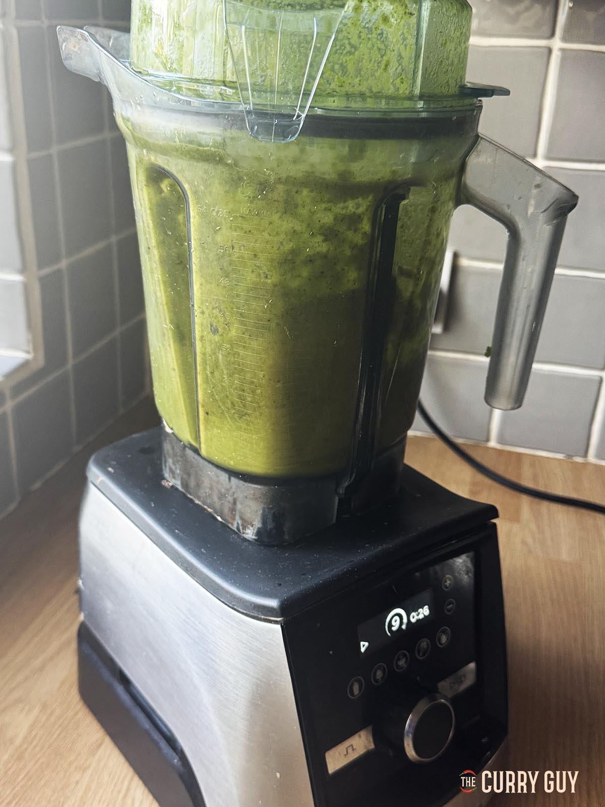 Blending the chilli paste ingredients in a blender.