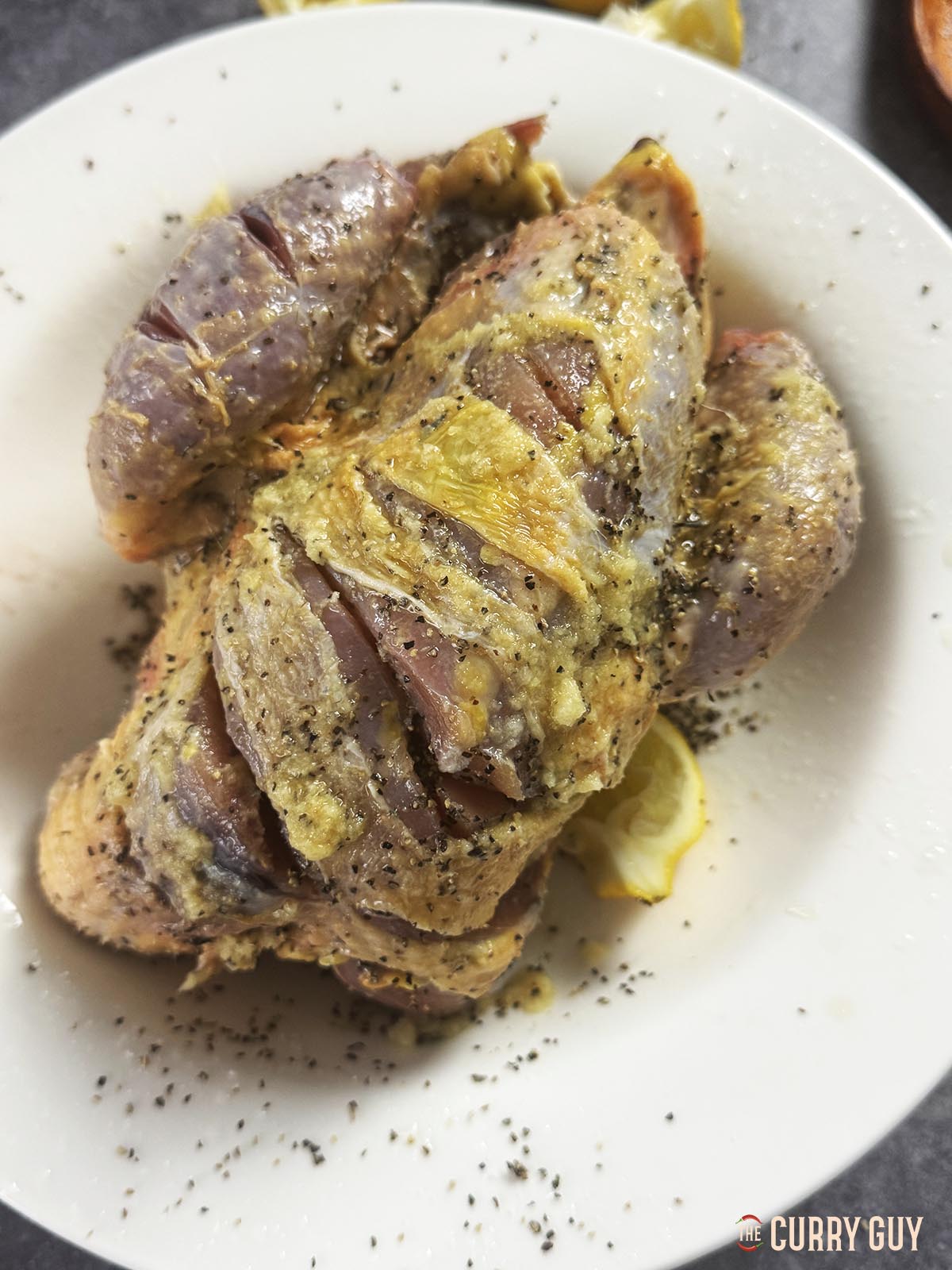 The pheasant scored all over and marinating in salt, lemon juice and pepper. 