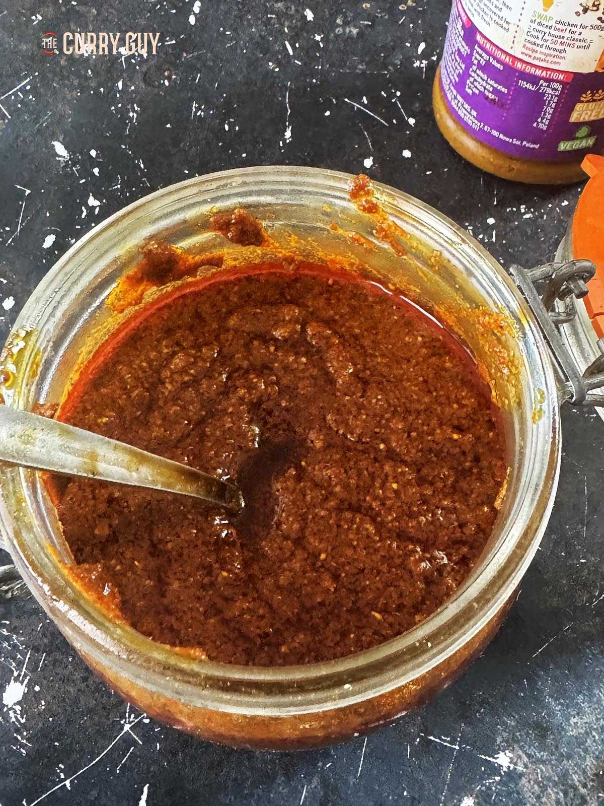 The Madras curry paste in a preserve jar, ready to use.