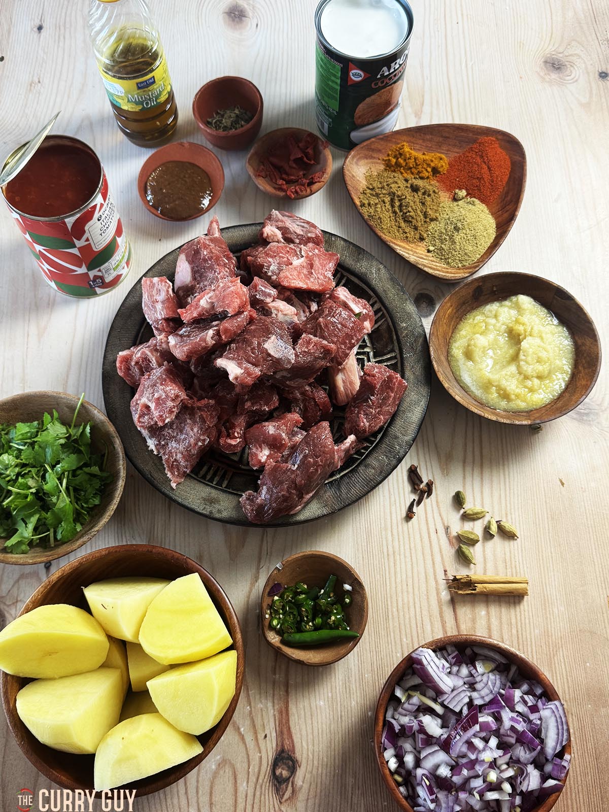 The ingredients for the curry laid out on a countertop.