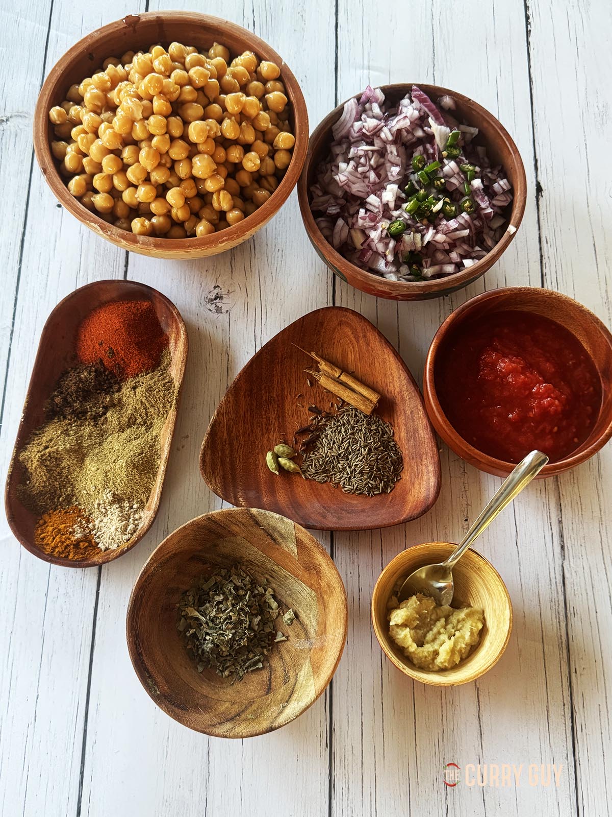 The ingredients for the curry laid out on a countertop.