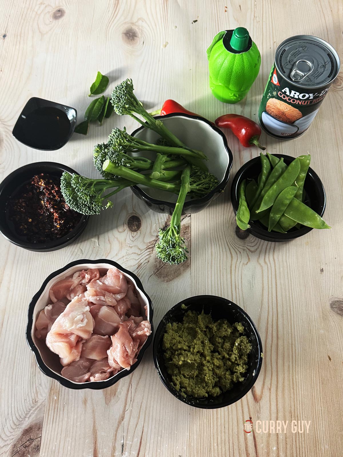 The ingredients for the curry laid out on a countertop, ready to start cooking.