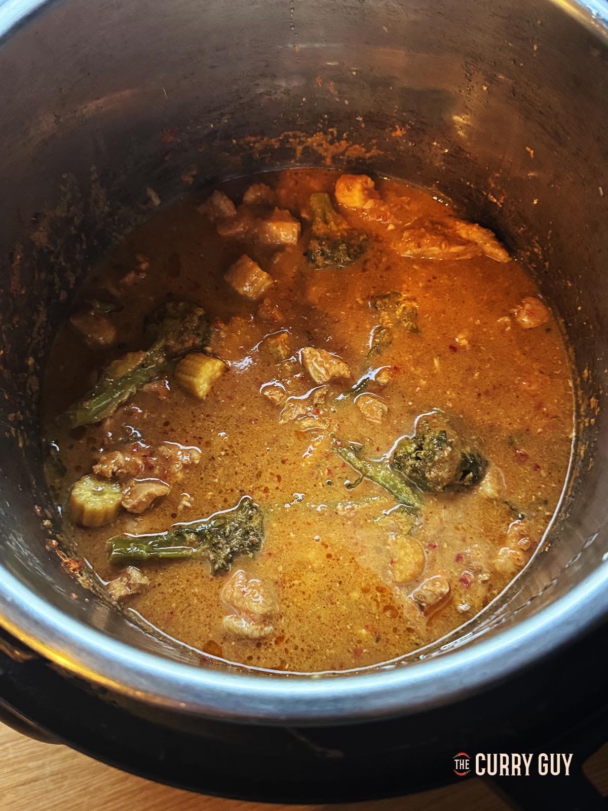 The slow cooker red Thai curry after cooking on high for 3 hours. 