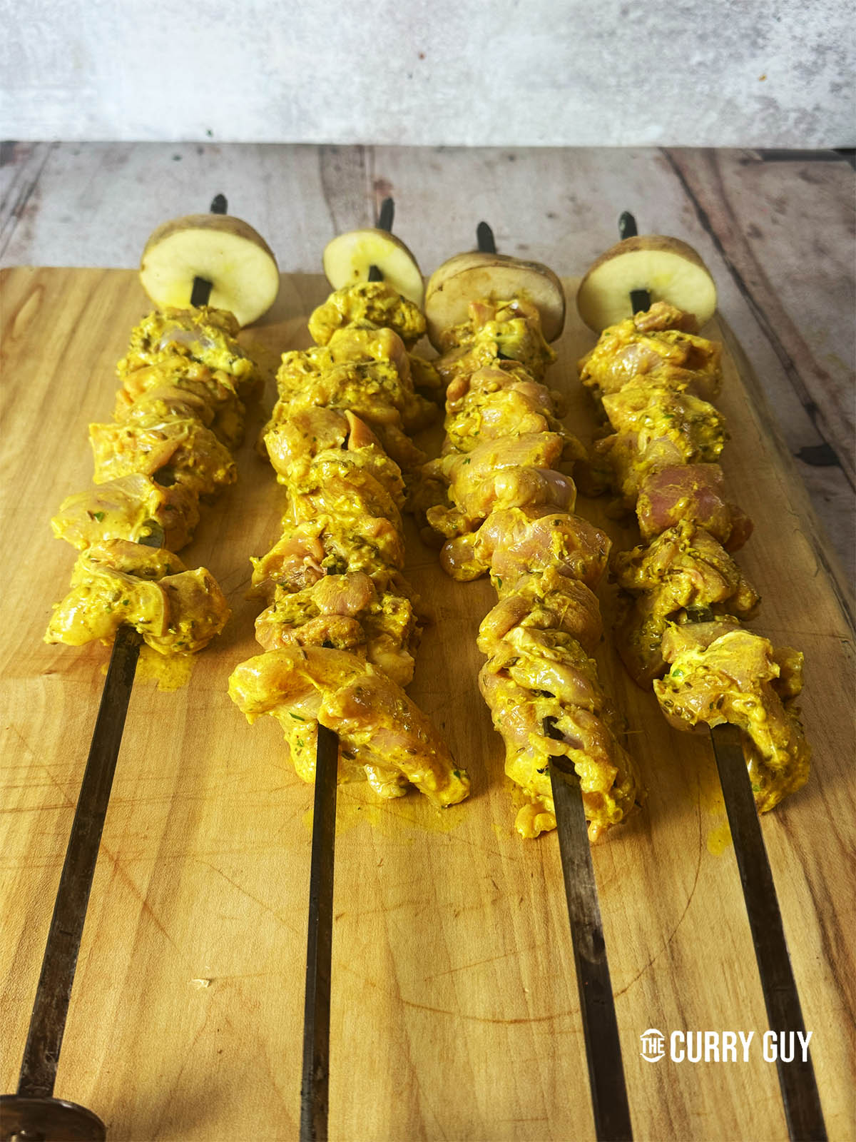 Allow the chicken to marinate for a couple of hours or over night. The longer the better. Then skewer it all when ready to cook.