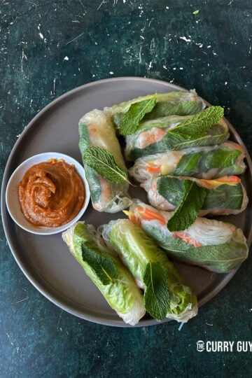 Summer rolls on a plate with peanut dipping sauce.