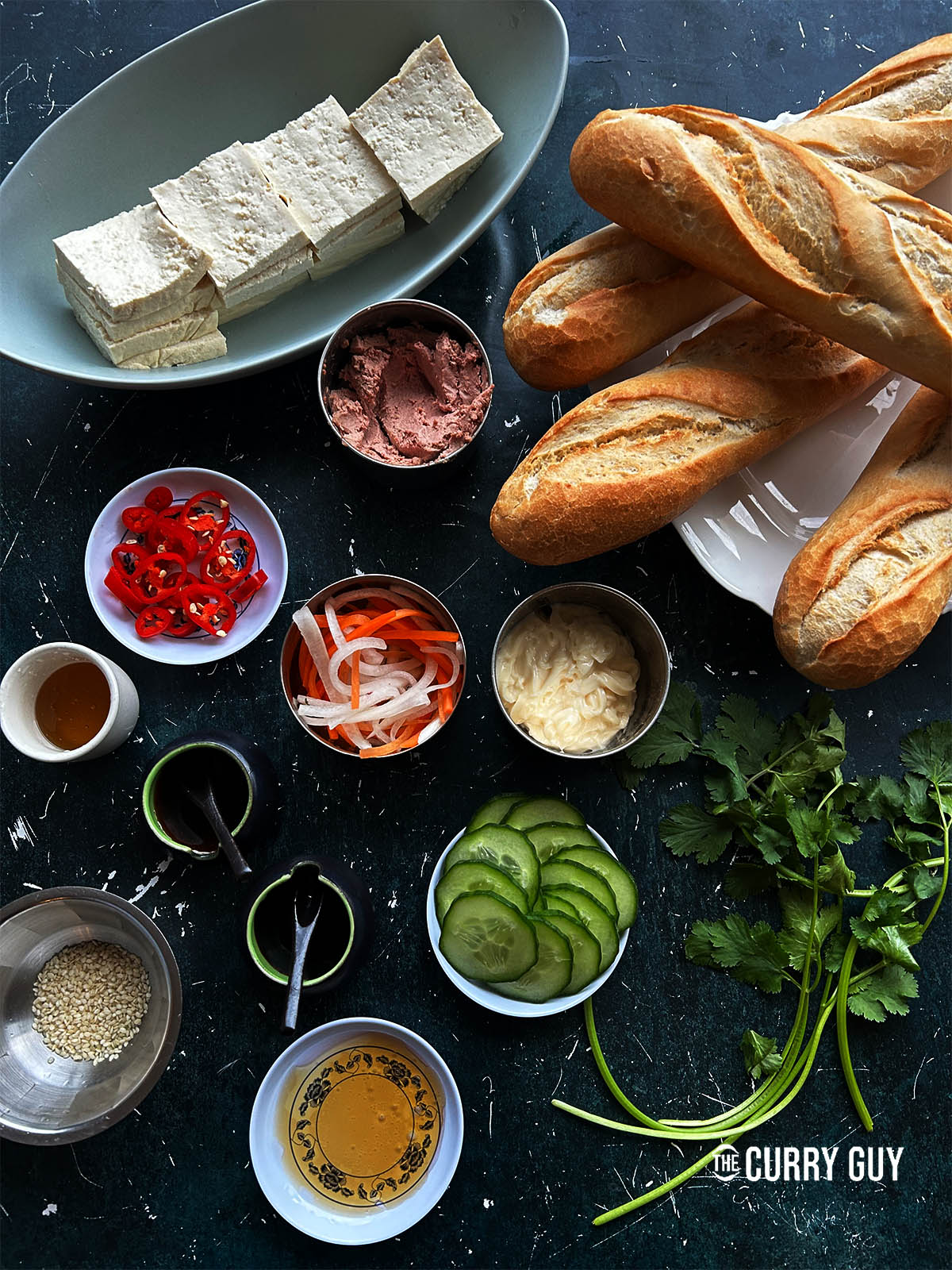 The ingredients for the recipe all laid out on a counter top.