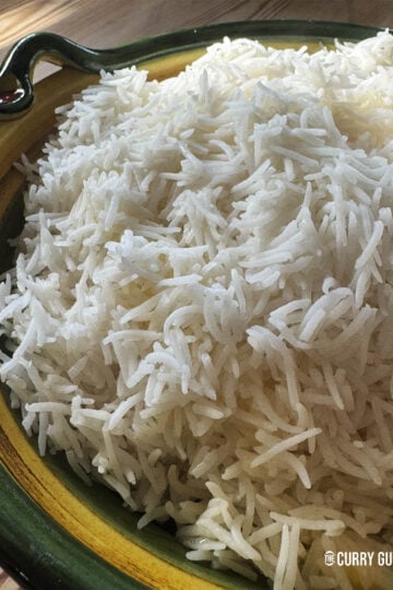 Boiled basmati rice in a serving bowl