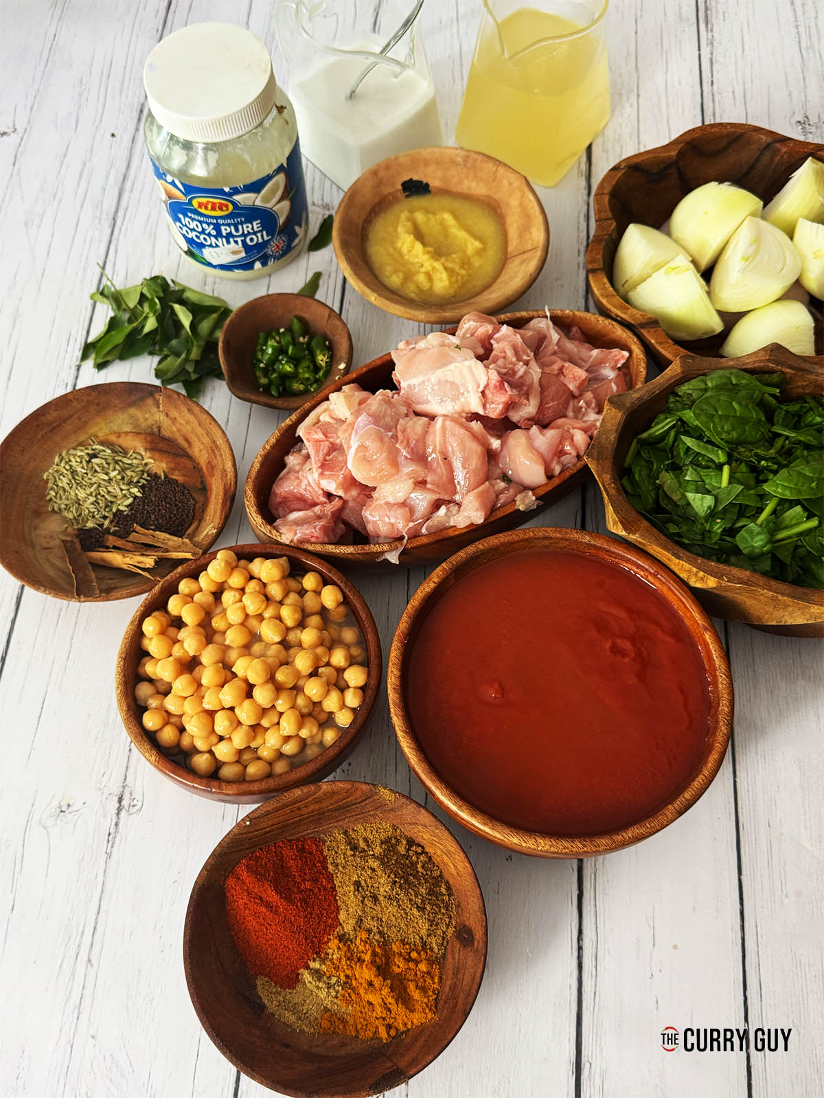 The ingredients for the curry laid out on a counter top.