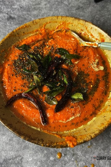 Red chilli chutney in a serving bowl.