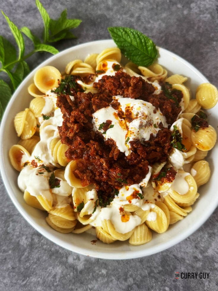 Turkish pasta in a serving bowl.
